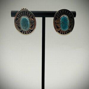 Leonard Nez Navajo #8 Turquoise Overlay Earrings, 1" (15g) – Signed